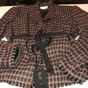 Worthington size 14 brown & black check jacket touch aqua grosgrain ribbon belt